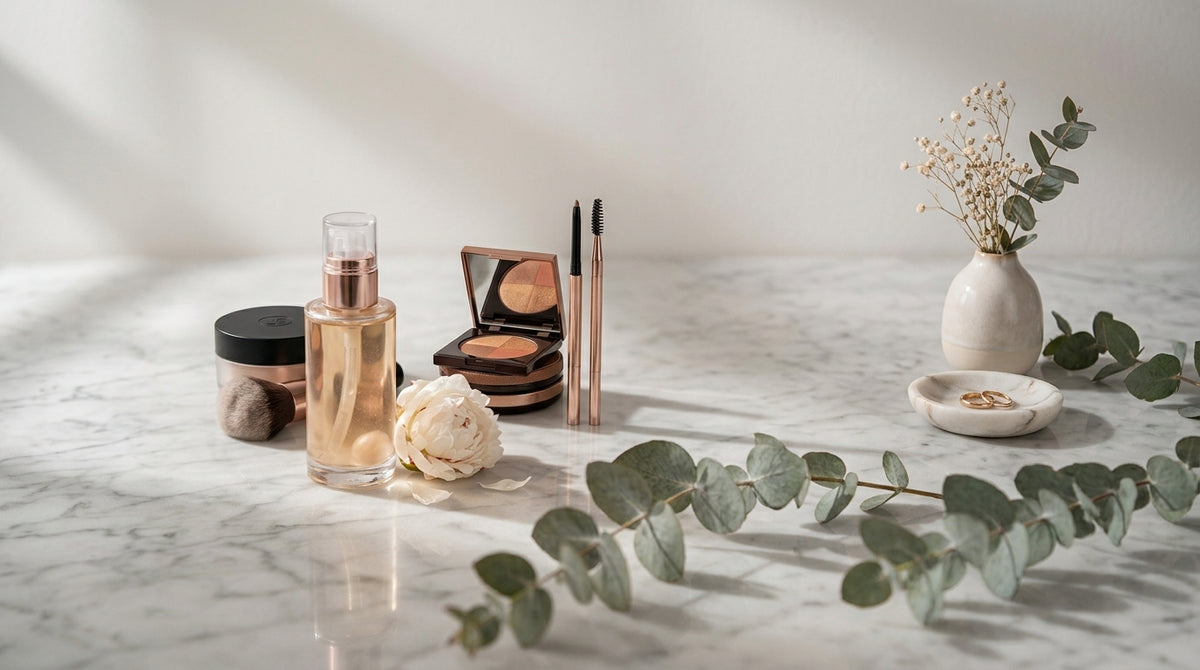 A luxury cosmetic product collection arranged on a white marble surface, featuring a glass serum bottle, matte black powder jar with a brush, an eyeshadow palette with gold and bronze shades, rose gold beauty pencils, and a white peony flower with eucalyptus.